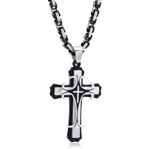 men Stainless Steel Crucifix Cross Pendant Necklace with Chunk Byzantine Chain